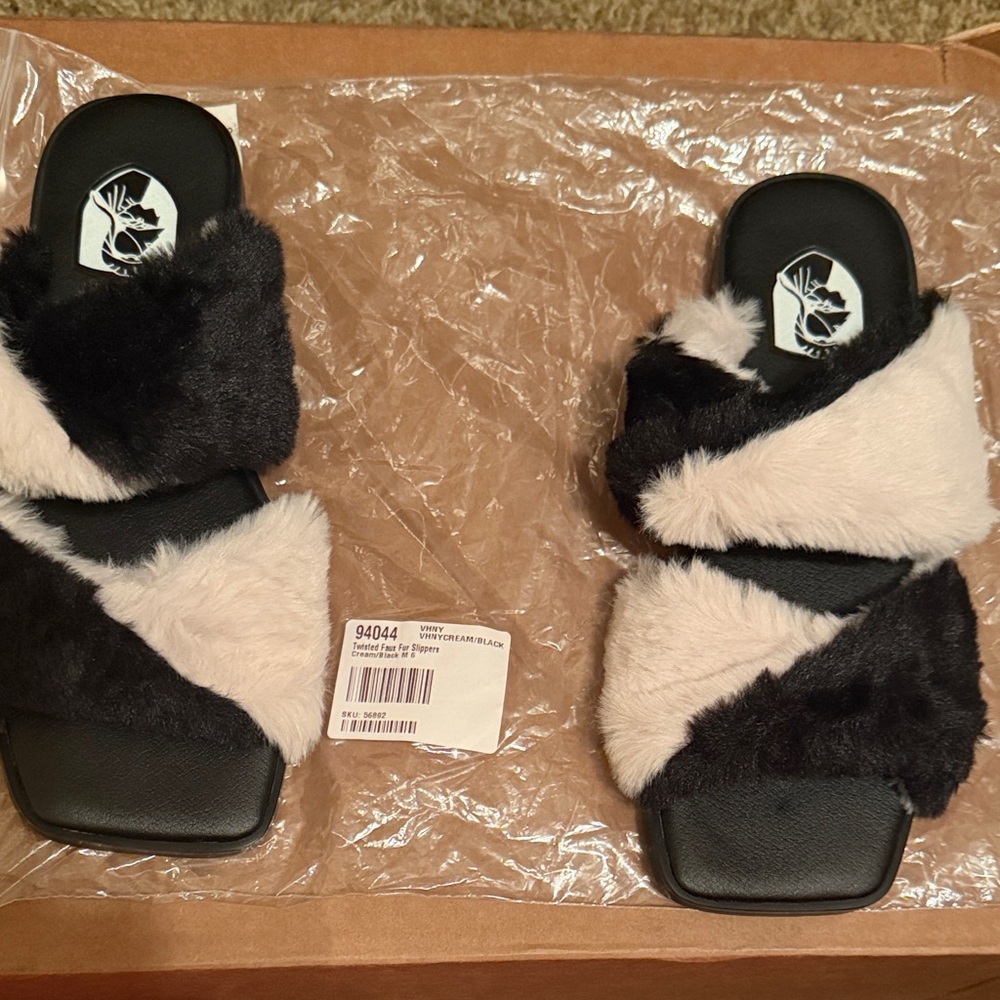 VHNY Black and Cream Faux Fur Slides